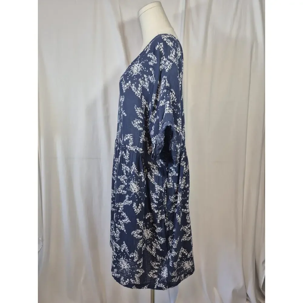 Free People Belezza Babydoll Floral Printed Blue Cotton Mini Dress Large